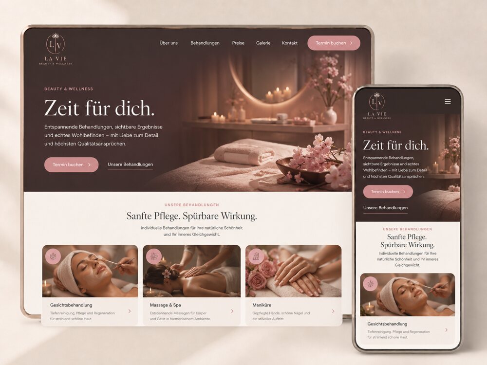 Beispiel einer Beauty- und Wellness-Website, gestaltet mit Seitenwirkung – dargestellt auf Tablet und Smartphone