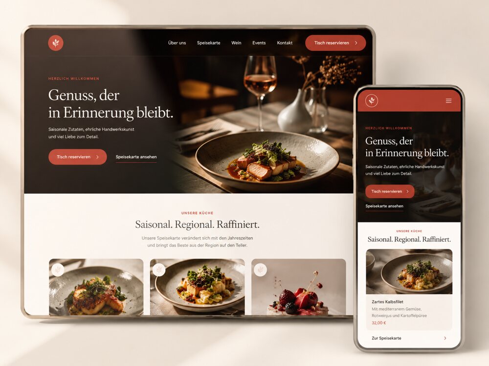 Beispiel einer Restaurant-Website, gestaltet mit Seitenwirkung – dargestellt auf Tablet und Smartphone