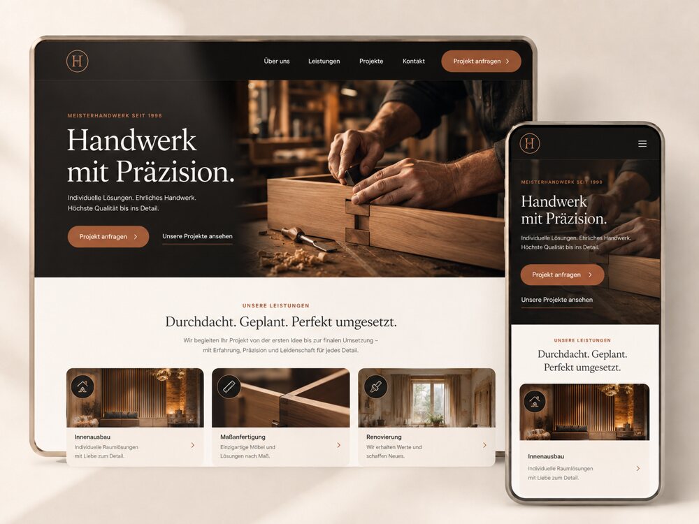 Beispiel einer Handwerks-Website, gestaltet mit Seitenwirkung – dargestellt auf Tablet und Smartphone