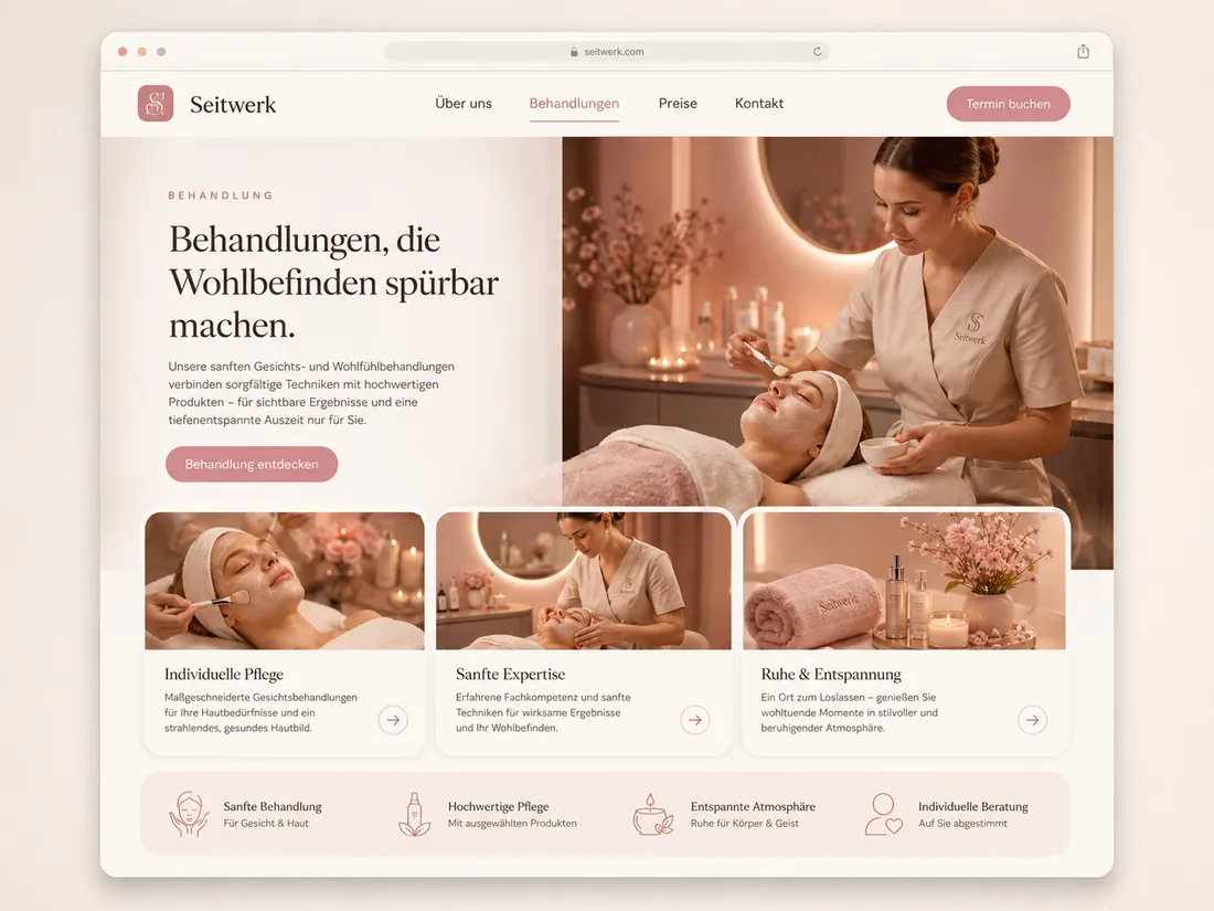 Website für Beauty & Wellness: Behandlung & Pflege – Beispielseite mit Seitenwirkung