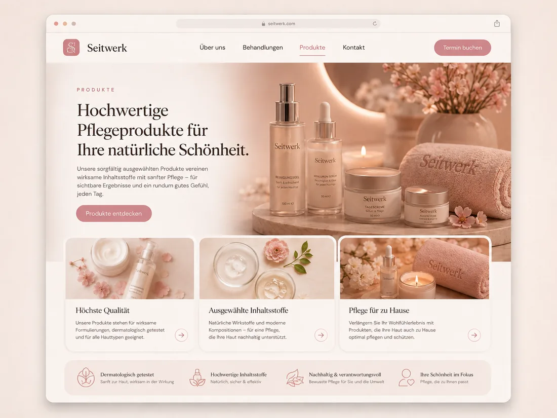 Website für Beauty & Wellness: Pflegeprodukte – Beispielseite mit Seitenwirkung