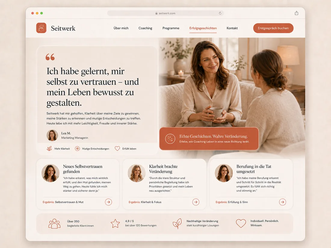 Website für Coaching & Beratung: Stimmen von Klientinnen – Beispielseite mit Seitenwirkung