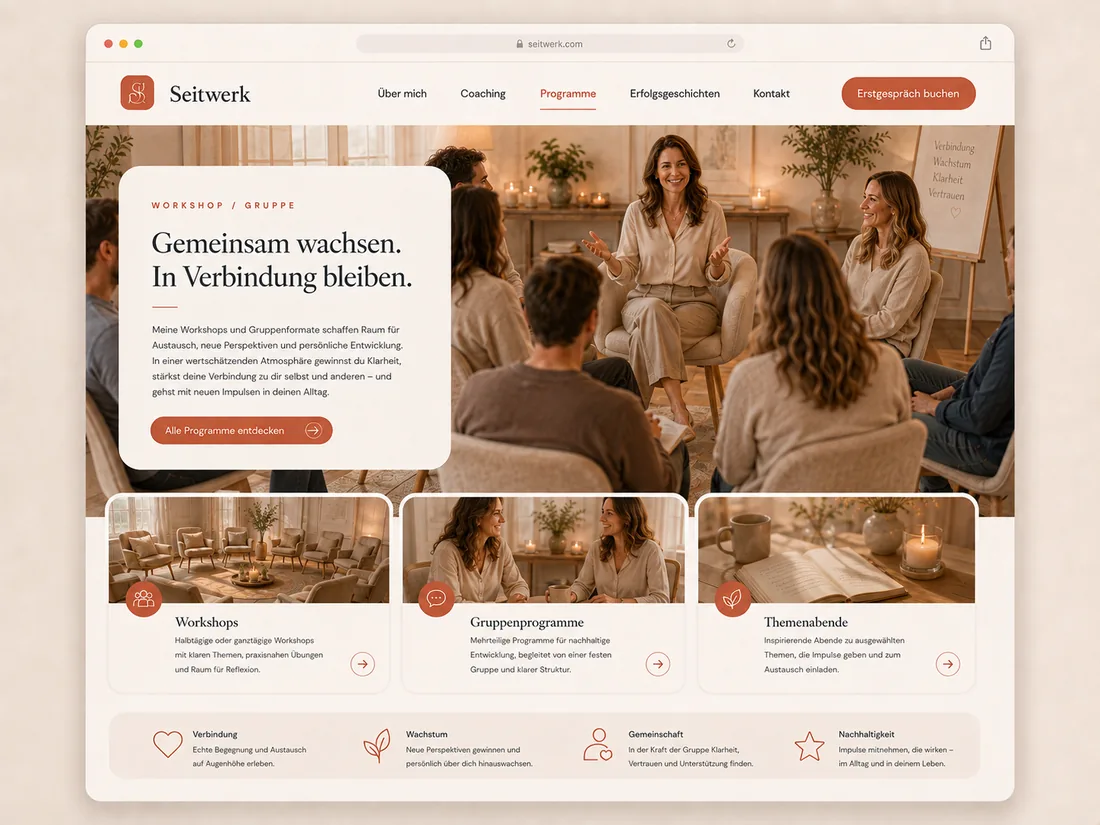 Website für Coaching & Beratung: Workshops & Gruppen – Beispielseite mit Seitenwirkung