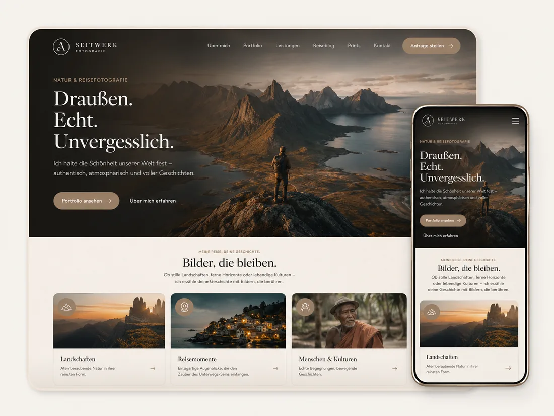 Website für Fotografie: Natur & Reise – Beispielseite mit Seitenwirkung