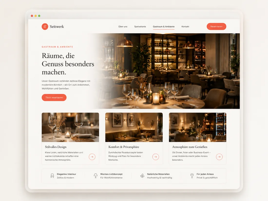 Website für Gastronomie: Gastraum & Ambiente – Beispielseite mit Seitenwirkung