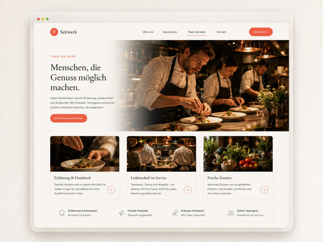 Website für Gastronomie: Team am Herd – Beispielseite mit Seitenwirkung