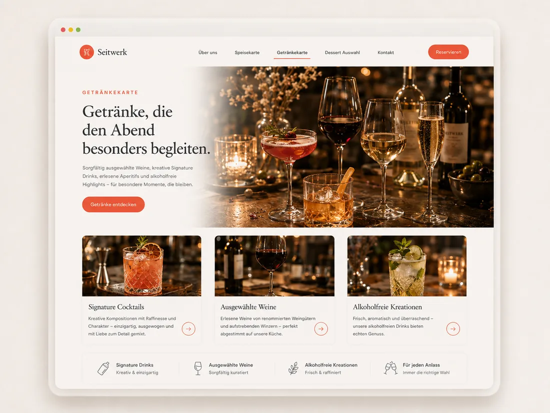 Website für Gastronomie: Getränkekarte – Beispielseite mit Seitenwirkung