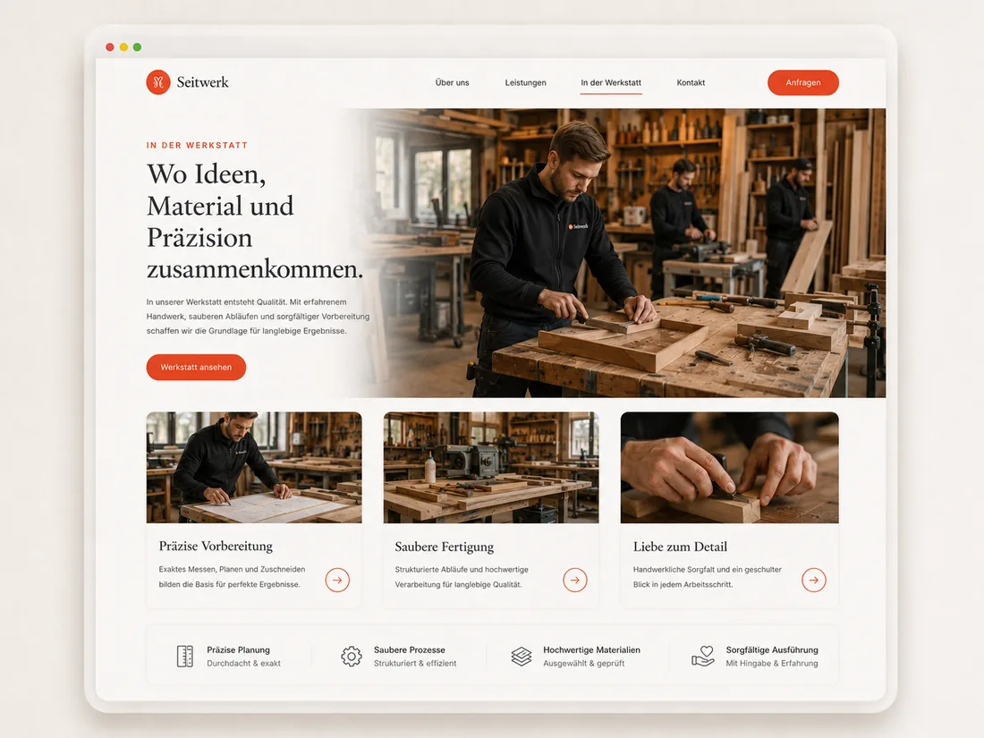 Website für Handwerksbetriebe: In der Werkstatt – Beispielseite mit Seitenwirkung