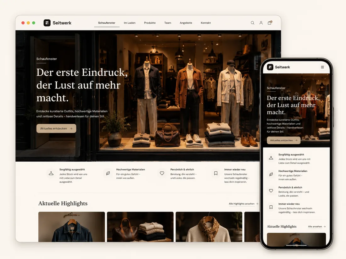 Website für Einzelhandel: Schaufenster – Beispielseite mit Seitenwirkung