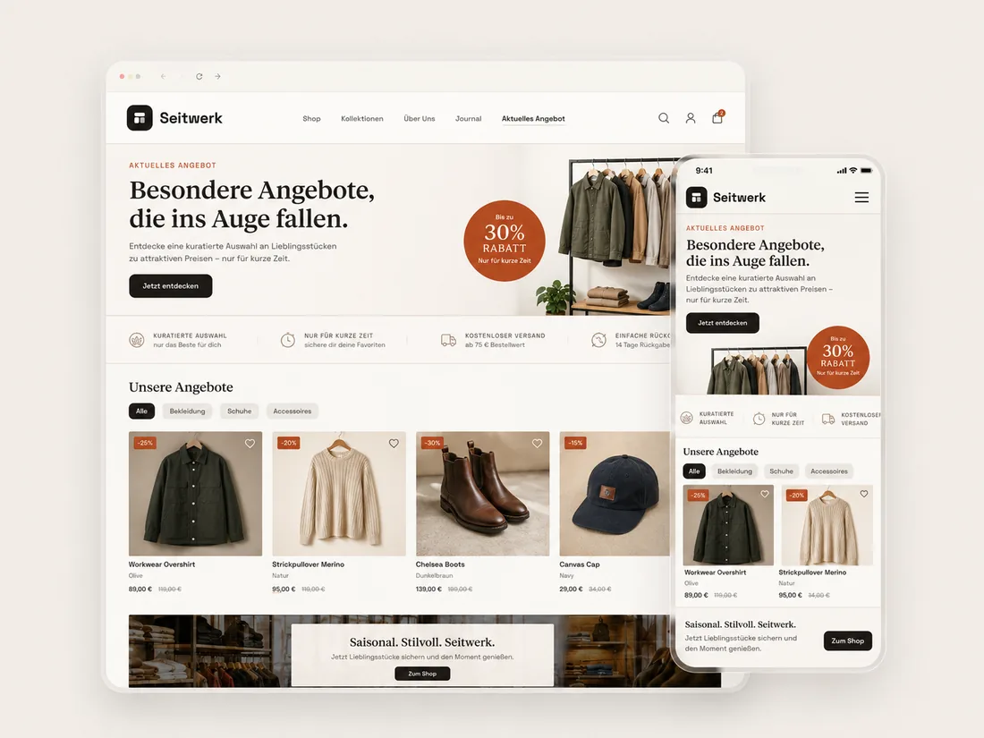 Website für Einzelhandel: Aktuelle Angebote – Beispielseite mit Seitenwirkung