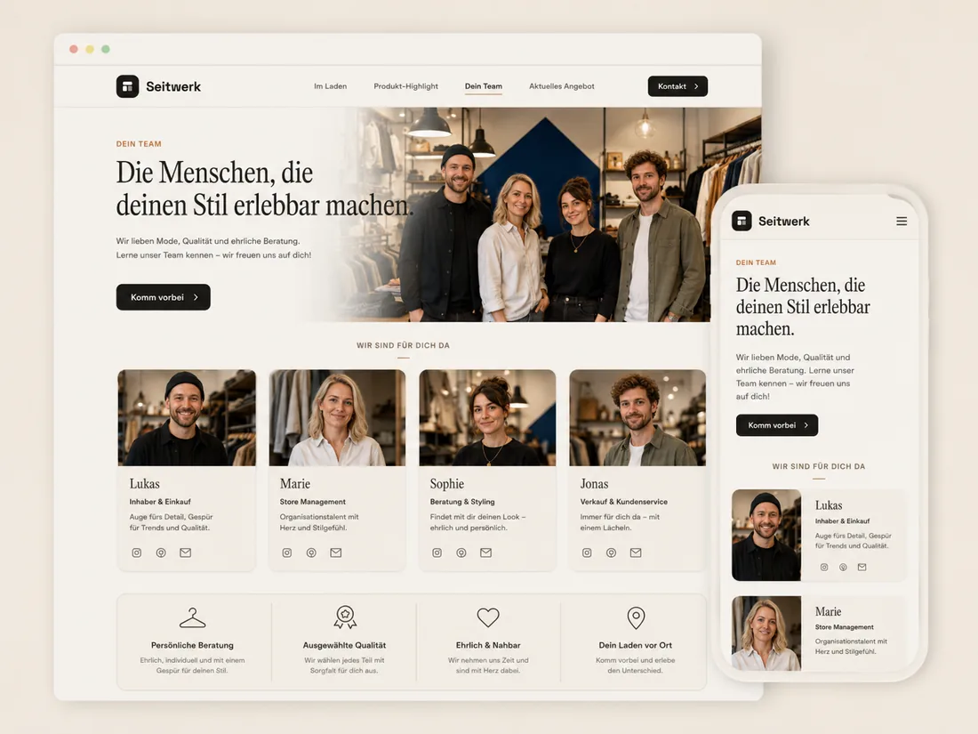 Website für Einzelhandel: Dein Team – Beispielseite mit Seitenwirkung