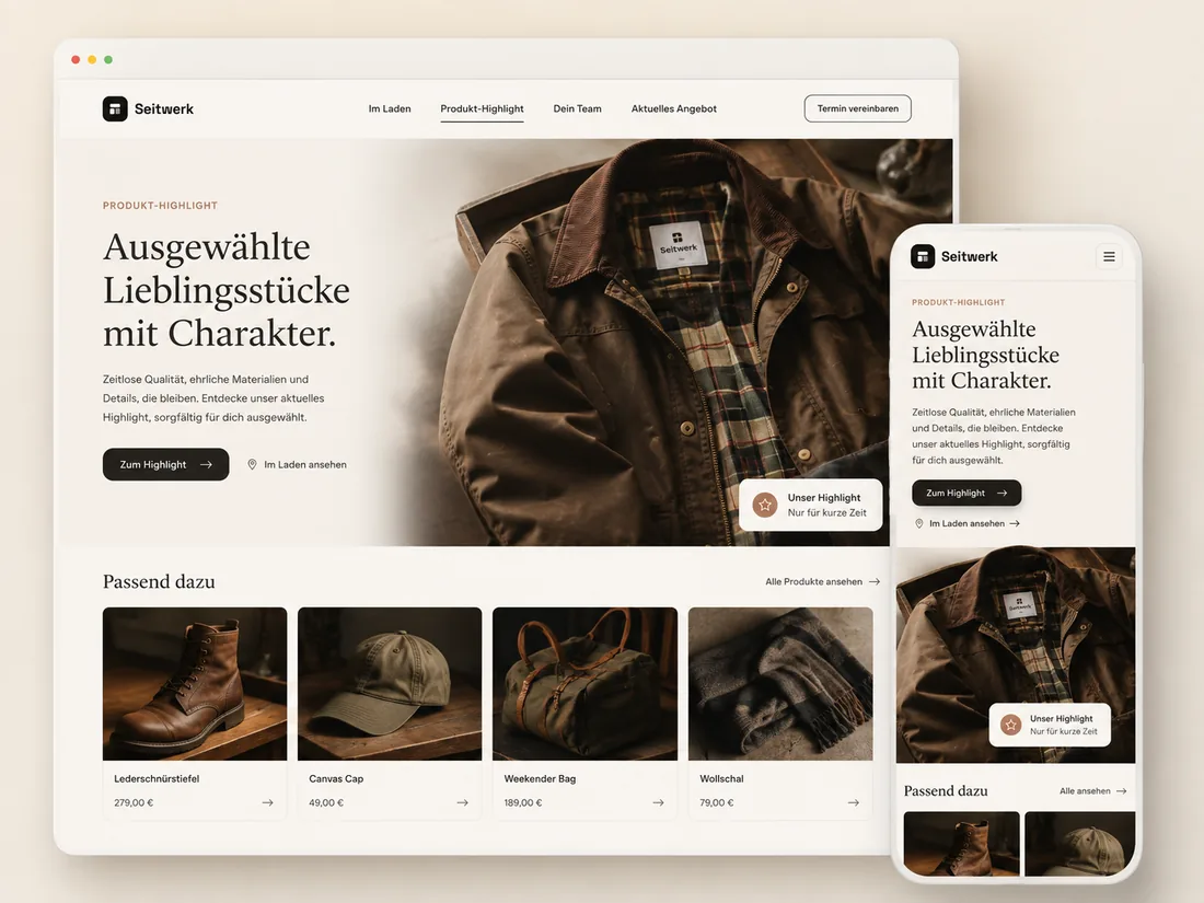 Website für Einzelhandel: Produkt-Highlights – Beispielseite mit Seitenwirkung